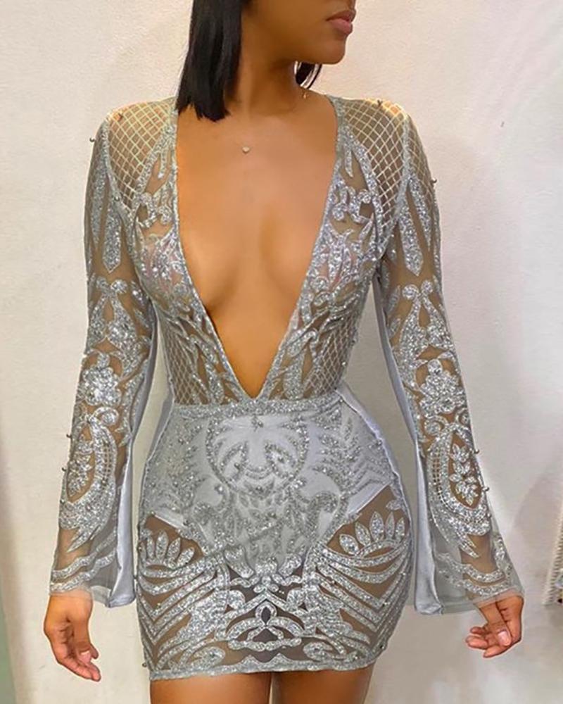 

Glitter Plunge Mesh Bodycon Dress, Silver