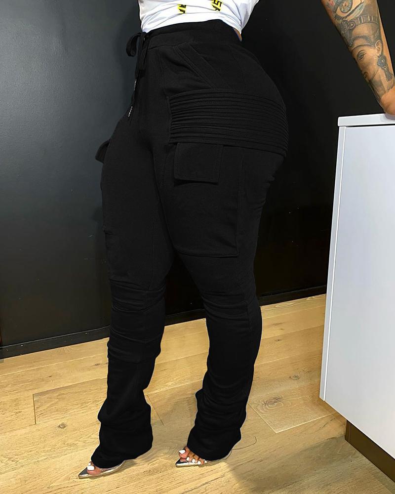 

Plain Pocket Design Drawstring Waist Fold Pants, Black