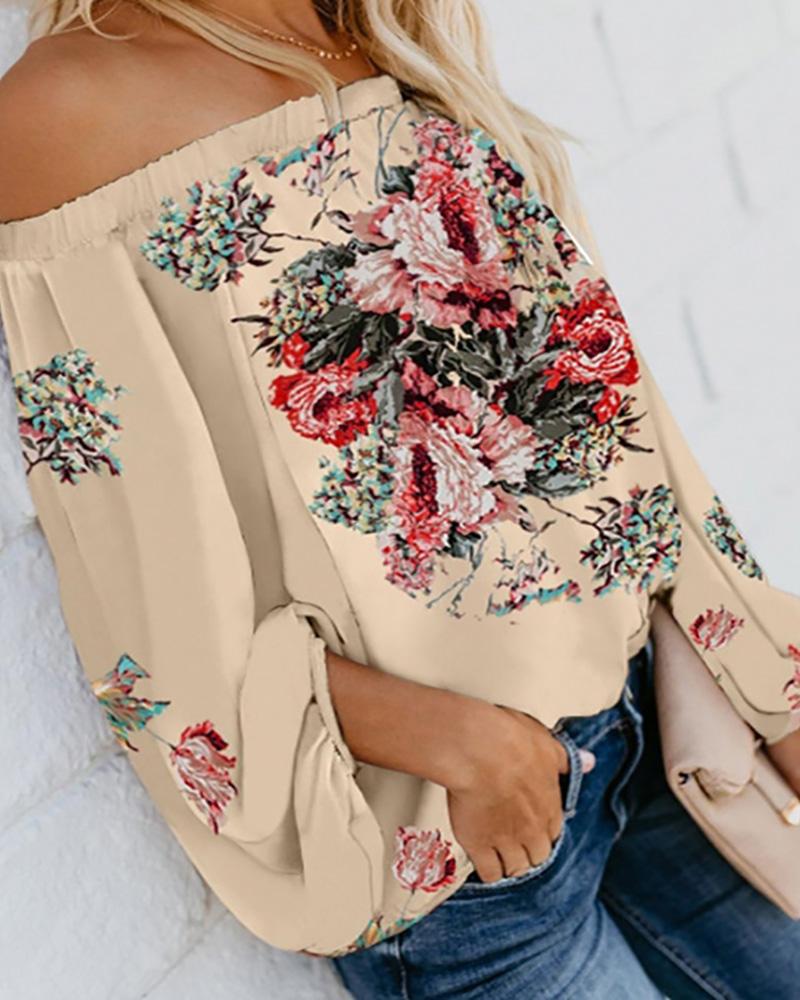 

Off Shoulder Lantern Sleeve Floral Print Top, Khaki