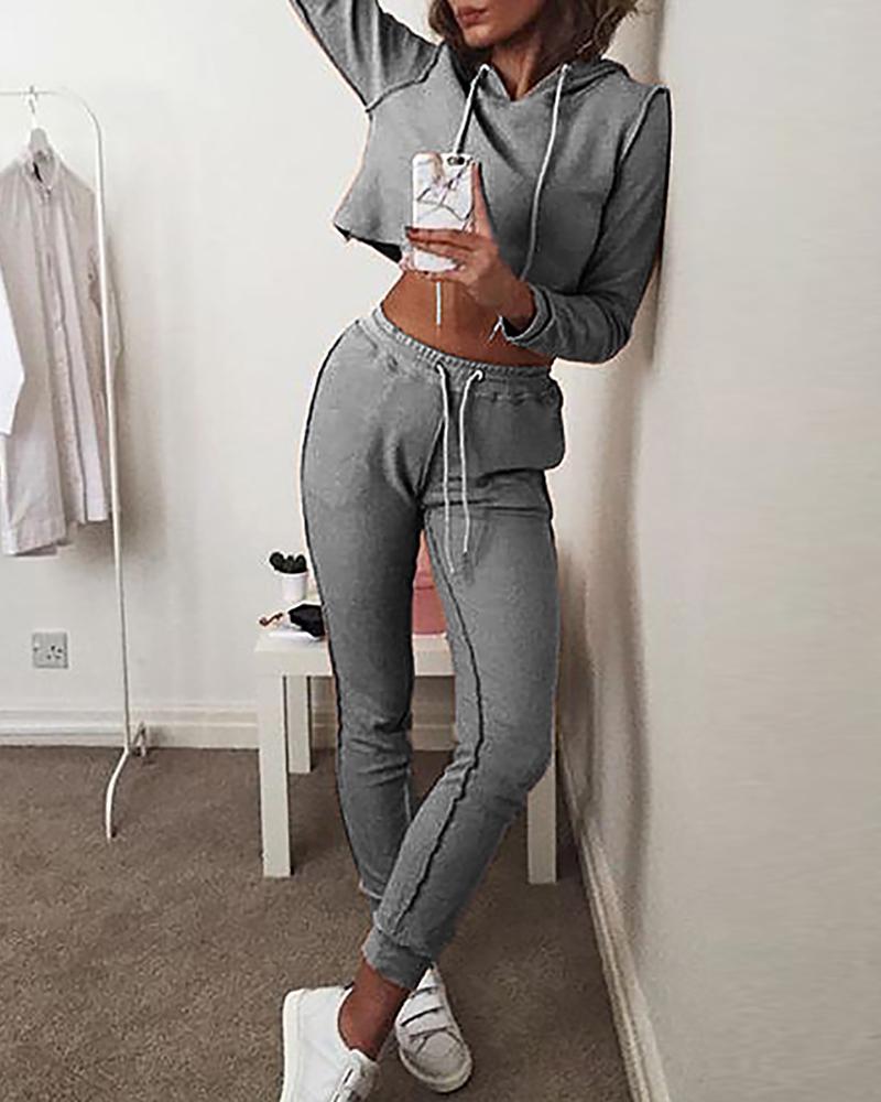 

Hooded Crop Top & Contrast Binding Drawstring Pants Set, Gray