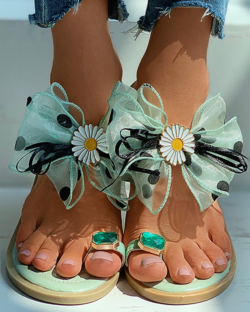 

Toe Ring Bowknot Daisy Pattern Flat Sandals, Green