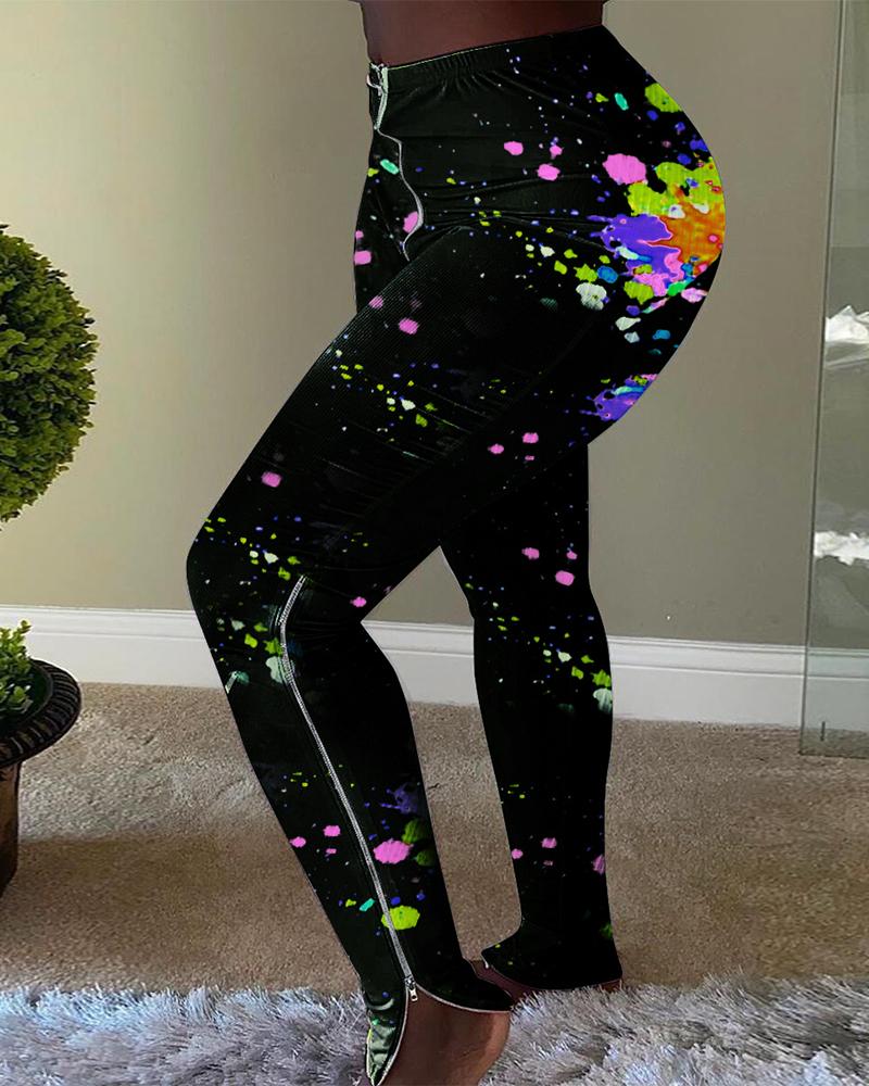 

Ribbed Camouflage / Tie Dye / Cartoon / Doodle Print Zip Pants, Multicolor