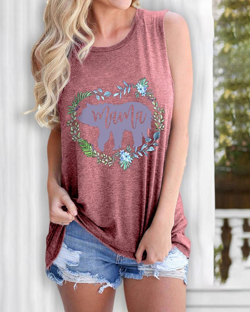 

Letter / Floral / Bear Print Casual Tank Top, Pink
