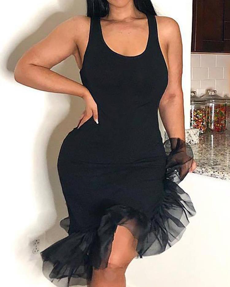 

U-Neck Irregular Mesh Hem Bodycon Dress, Black