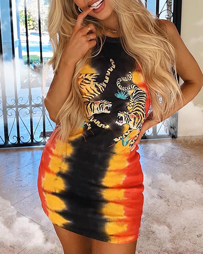 

Tiger Tie Dye Print Sleeveless Dress, Black