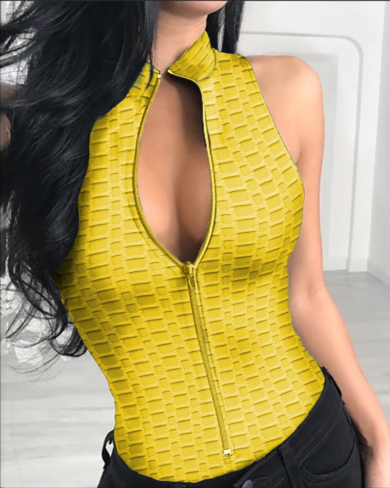 

Zipper Front Bubble Textured Sleeveless Bodysuit, Yellow