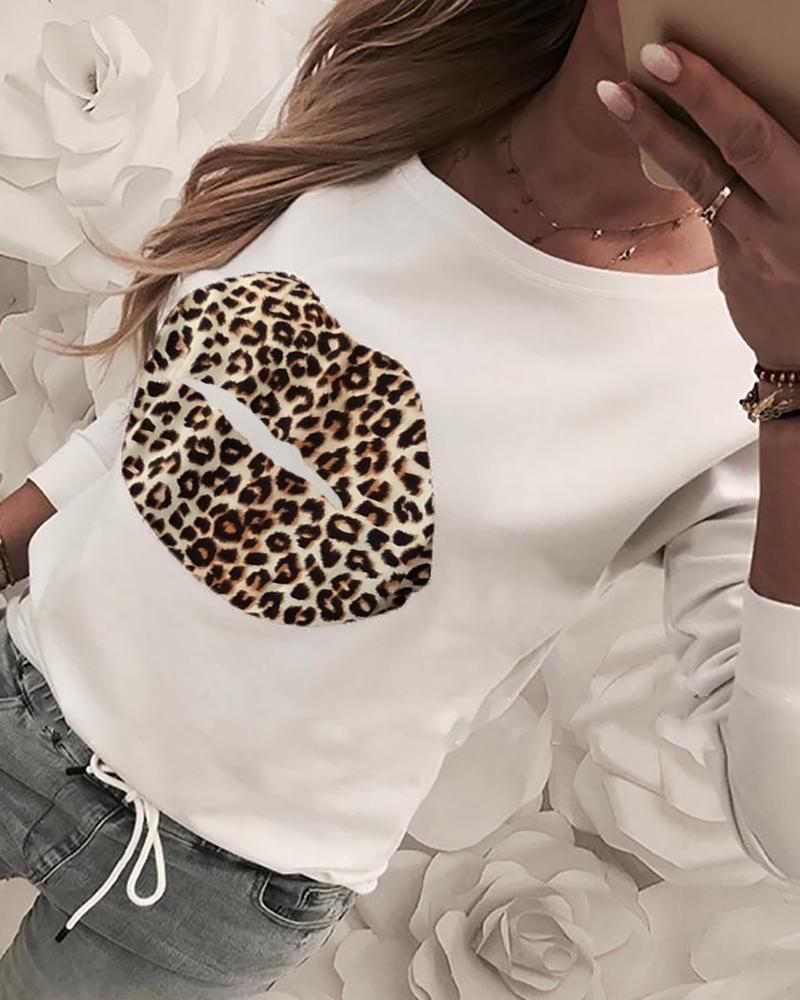 

Mouth Pattern Leopard Print Casual Blouse, White