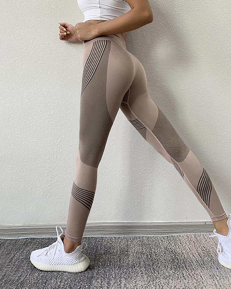 

Striped Plain / Colorblock High Waist Lifting Tummy Control Yoga Pants, Khaki