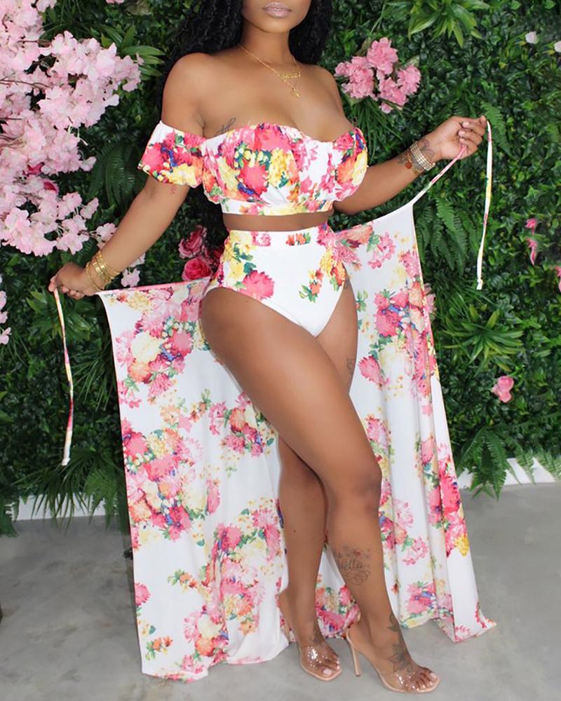 

Floral Print Off Shoulder High Waist Tankini Set With Cover Up, Pink