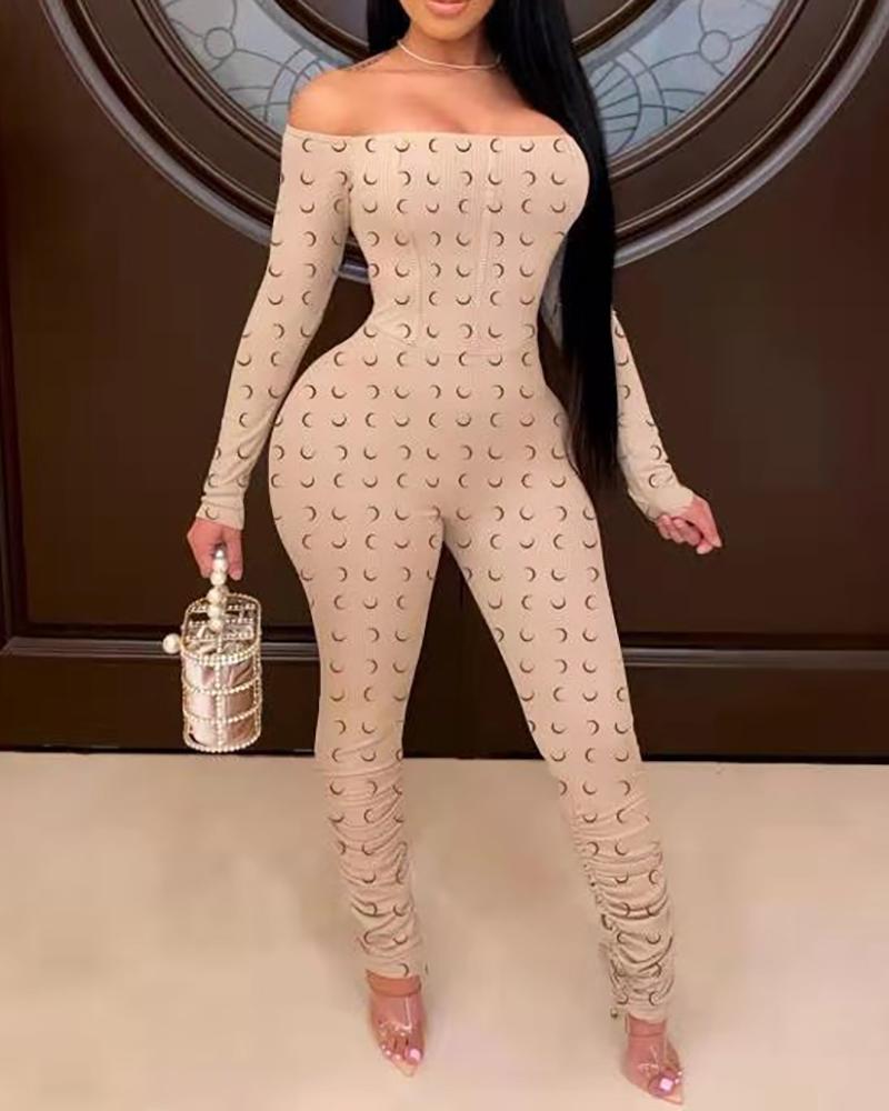 

Moon Print Long Sleeve Fold Skinny Jumpsuit, White