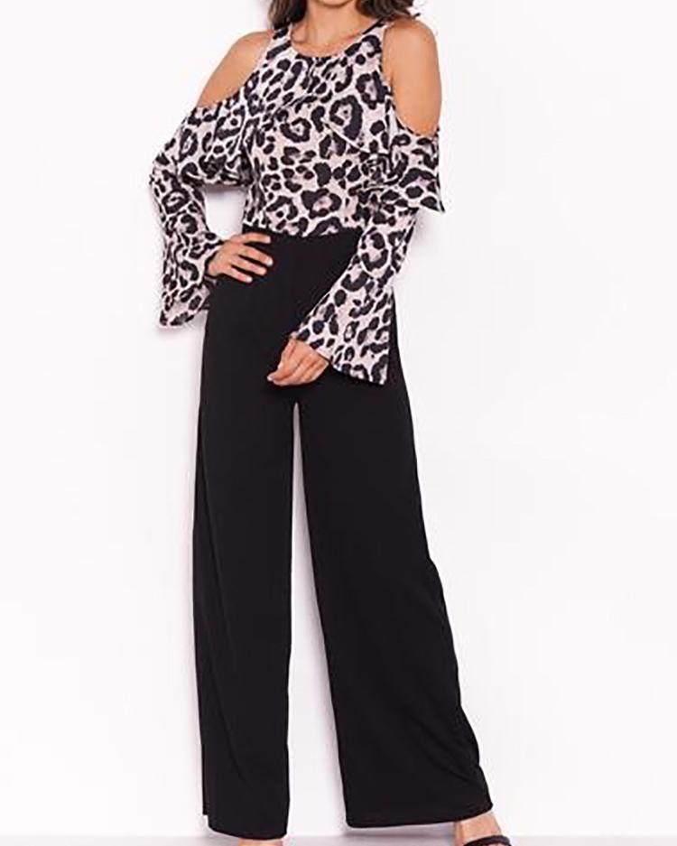 leopard print cold shoulder jumpsuit