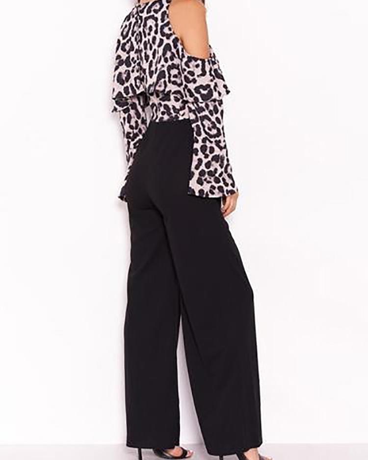 leopard print cold shoulder jumpsuit