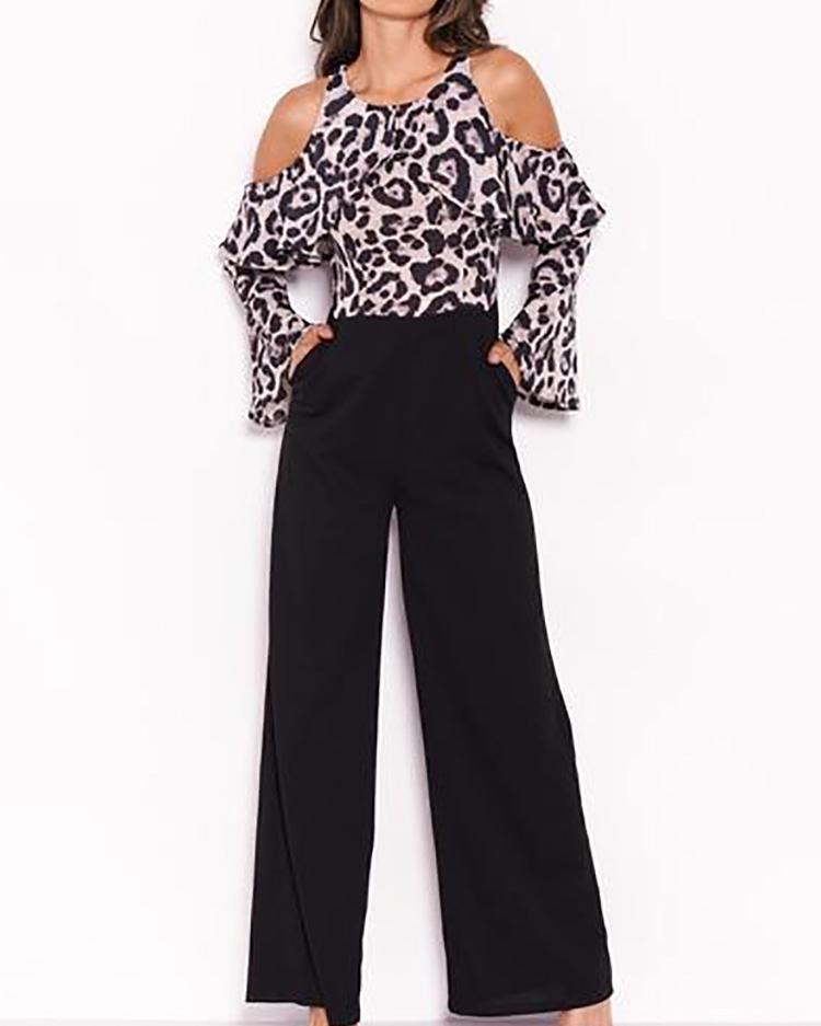leopard print cold shoulder jumpsuit