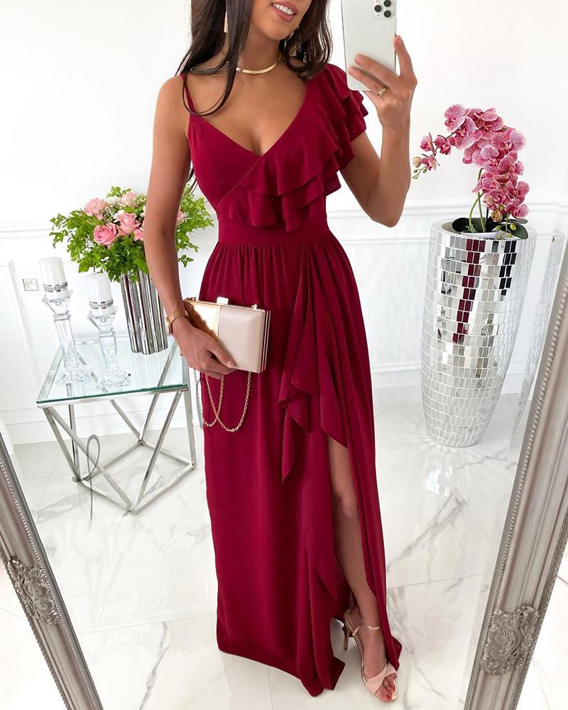 

Plunge High Slit Ruffles Wrap Dress, Dark red