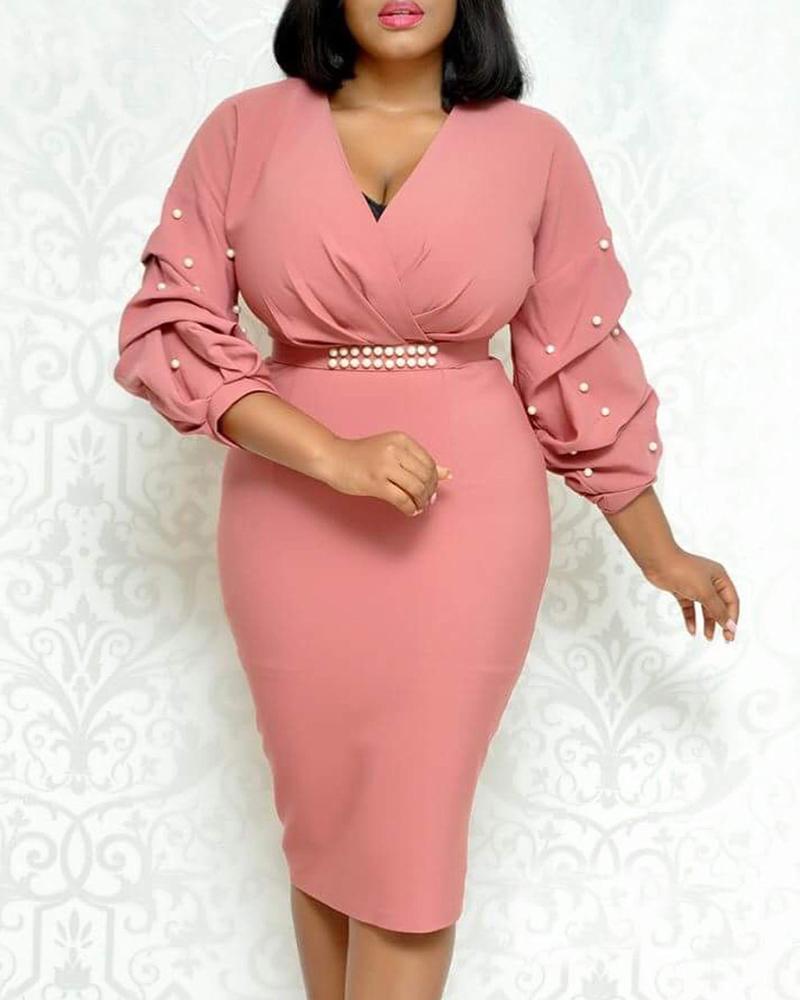 

Beaded Wrap Ruched Long Sleeve Work Dress, Pink
