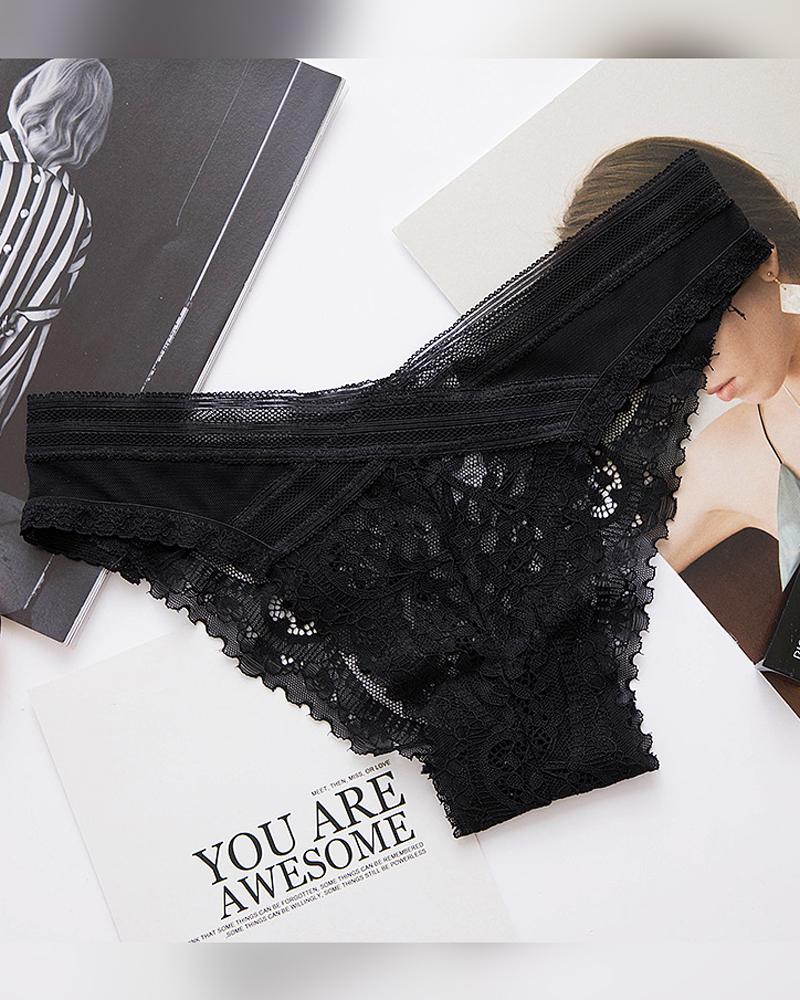 

Solid Lace Patchwork Skinny Panties, Black