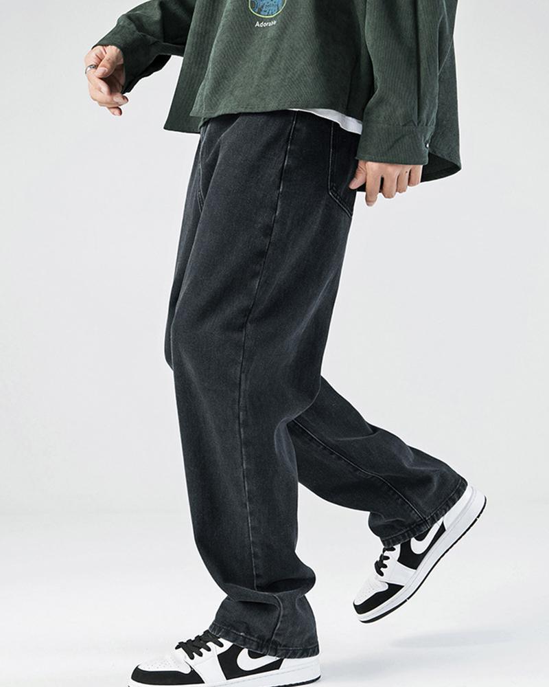 

Solid Wide Leg Loose Denim Pants, Black