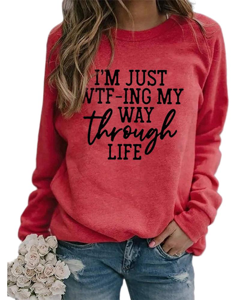 

Letter Print Round Neck Long Sleeve Sweatshirt, Red