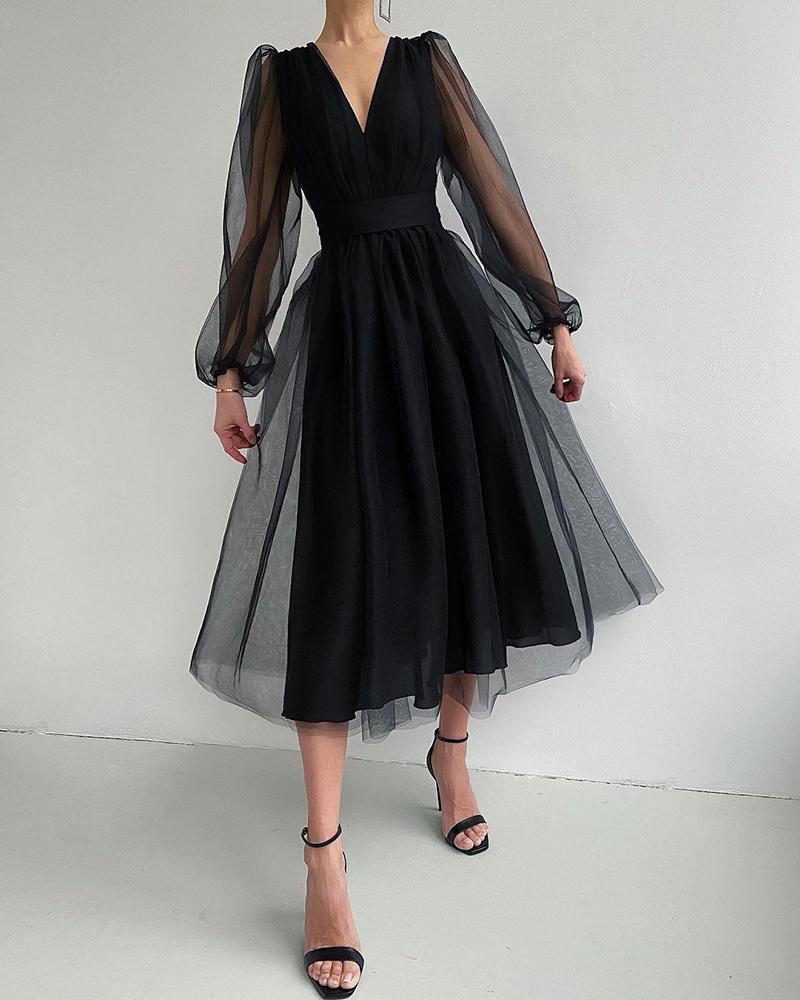 

Plain Sheer Mesh Puff Sleeve Ruched Evening Dress, Black