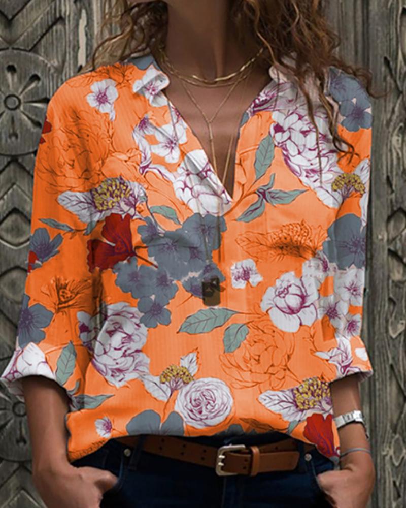 

Blooming Floral Print Long Sleeve Shirt, Orange