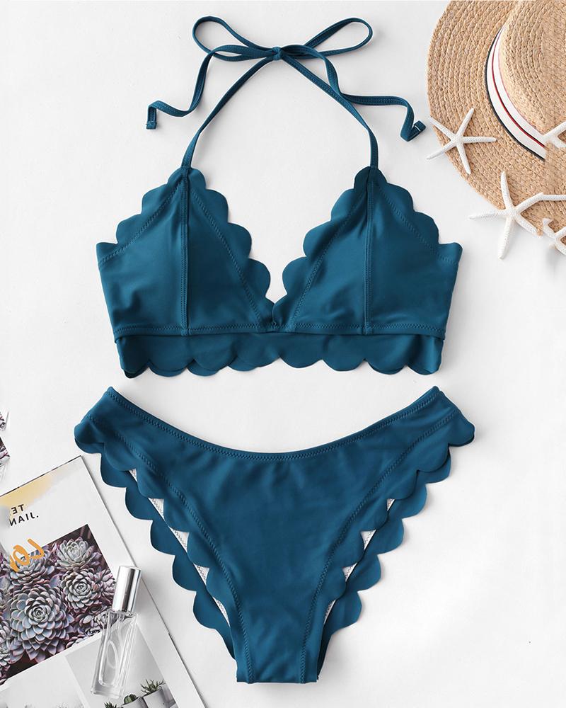 

Scallop Trim Halter Padded Bikini Set, Blue