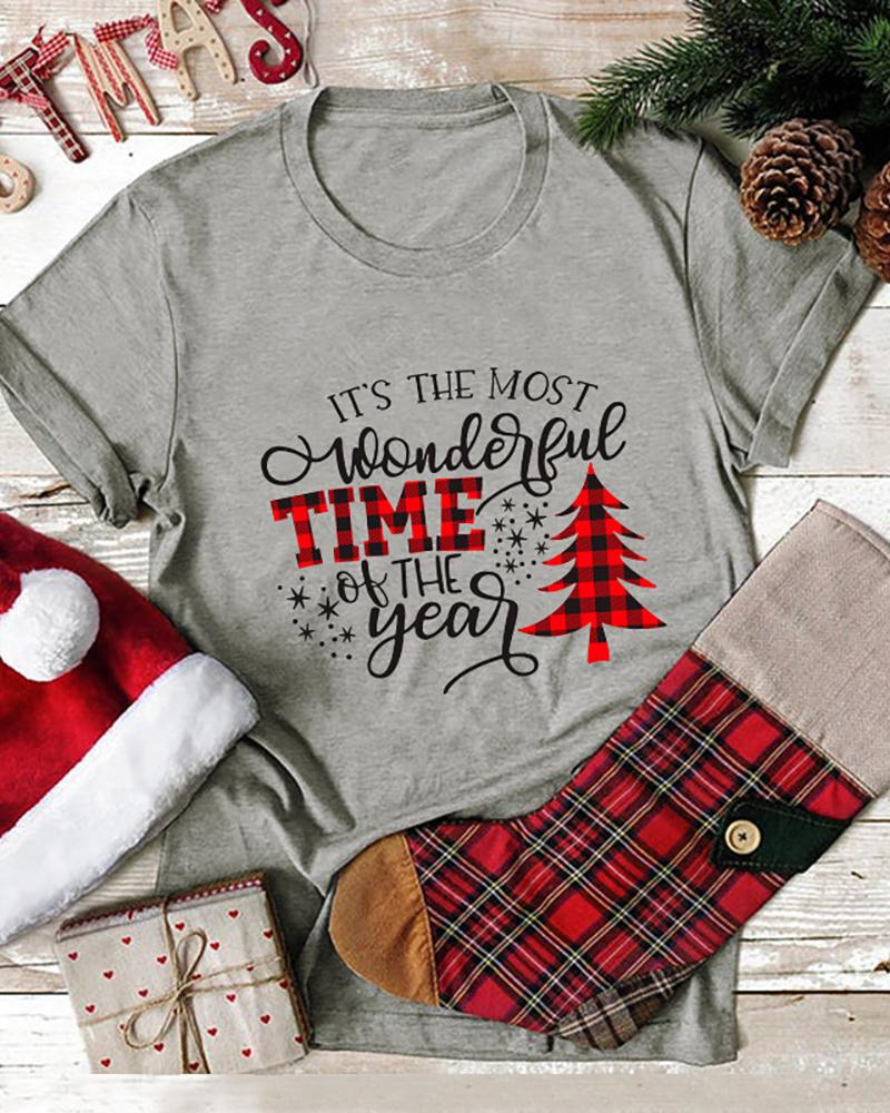 

Christmas Letter Tree Print Short Sleeve T-shirt, Gray
