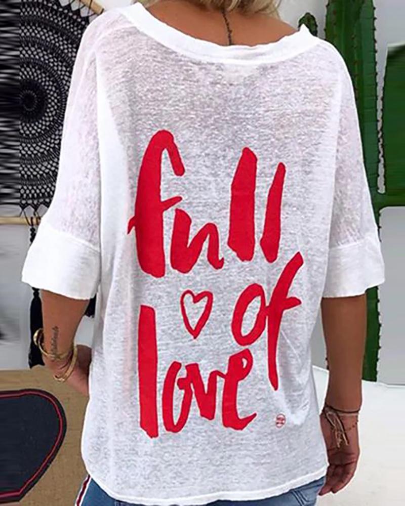 

Letter Heart Print Half Sleeve Casual Top, Red