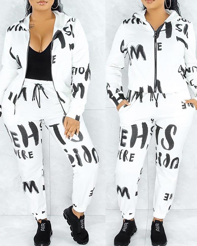 

Letter Print Zipper Design Top & Drawstring Pants Set, White