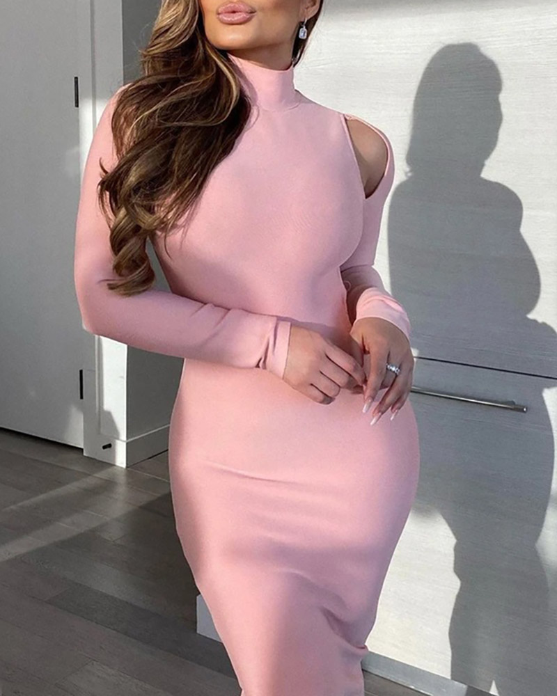 

Plain Hollow-out Design Long Sleeve Bodycon Dress, Pink