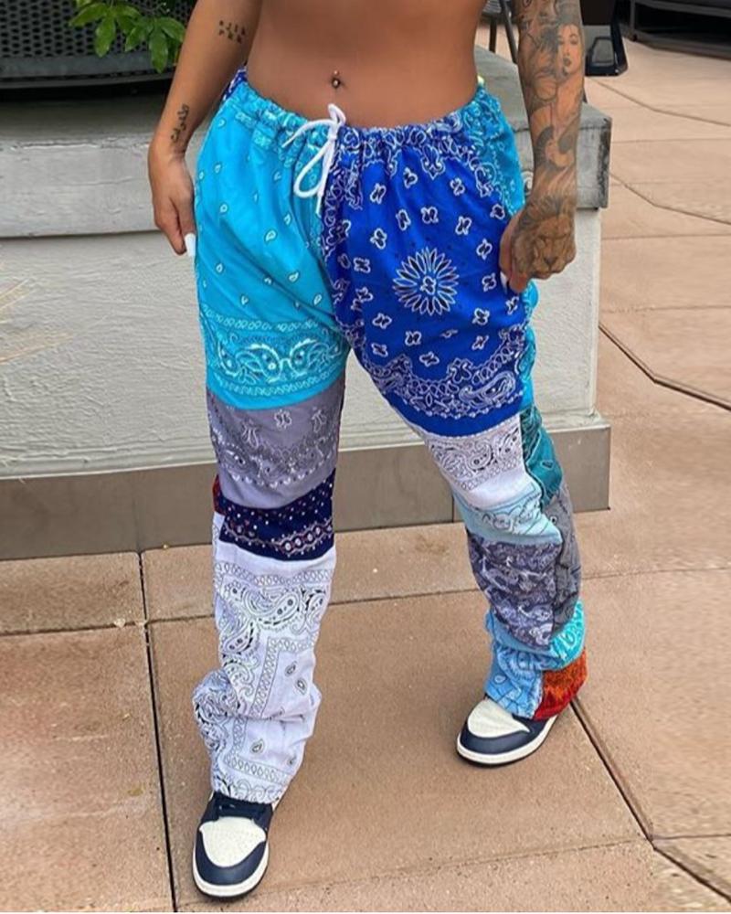 

Paisley Print Colorblock Drawstring Pants, Blue