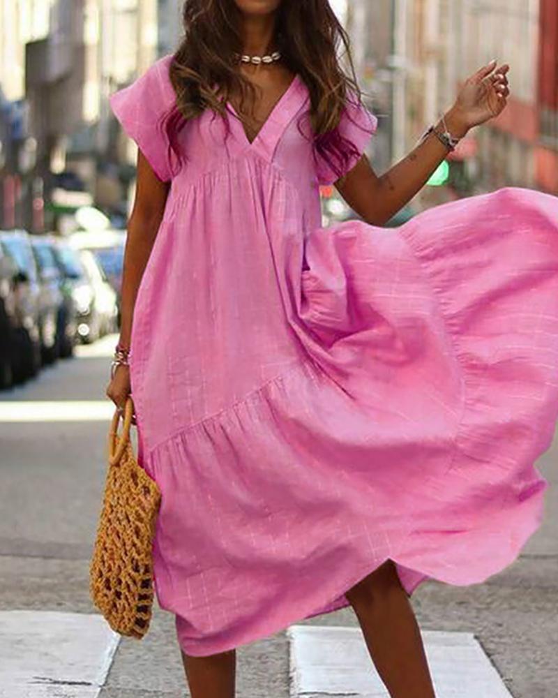 

Ruched Ruffles Short Sleeve Casual Irregular Dress, Hot pink