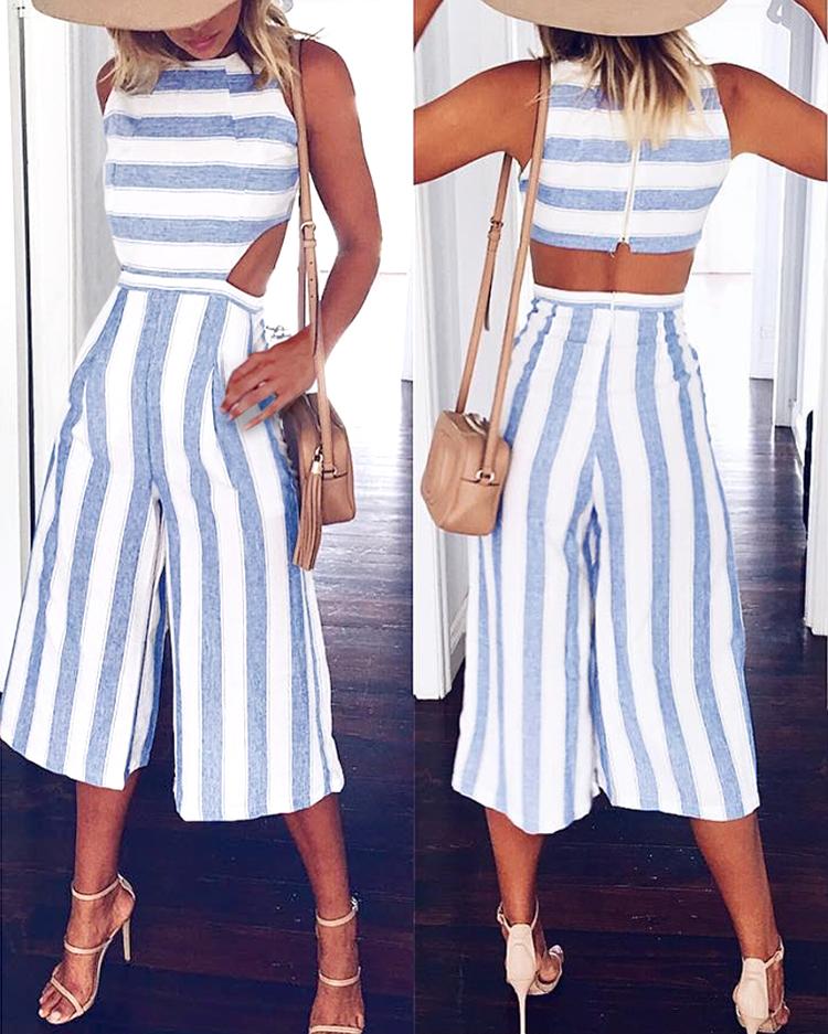 

Stripes Cutout Wide Leg Jumpsuit, White