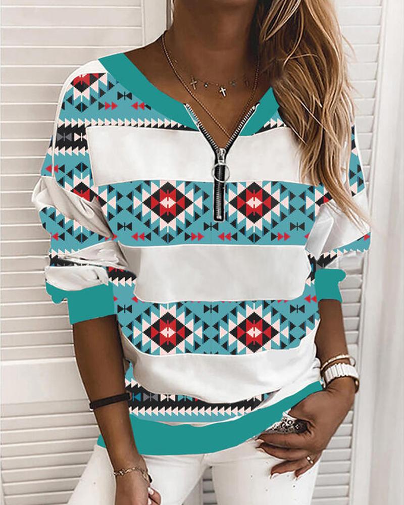

Striped Splicing Geometry Print Long Sleeve Sweatshirt, Light blue