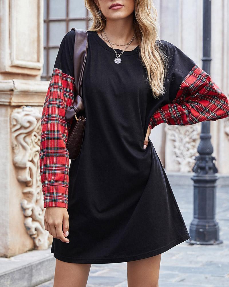 

Plaid Print Long Sleeve Sweatshirt Dress, Red