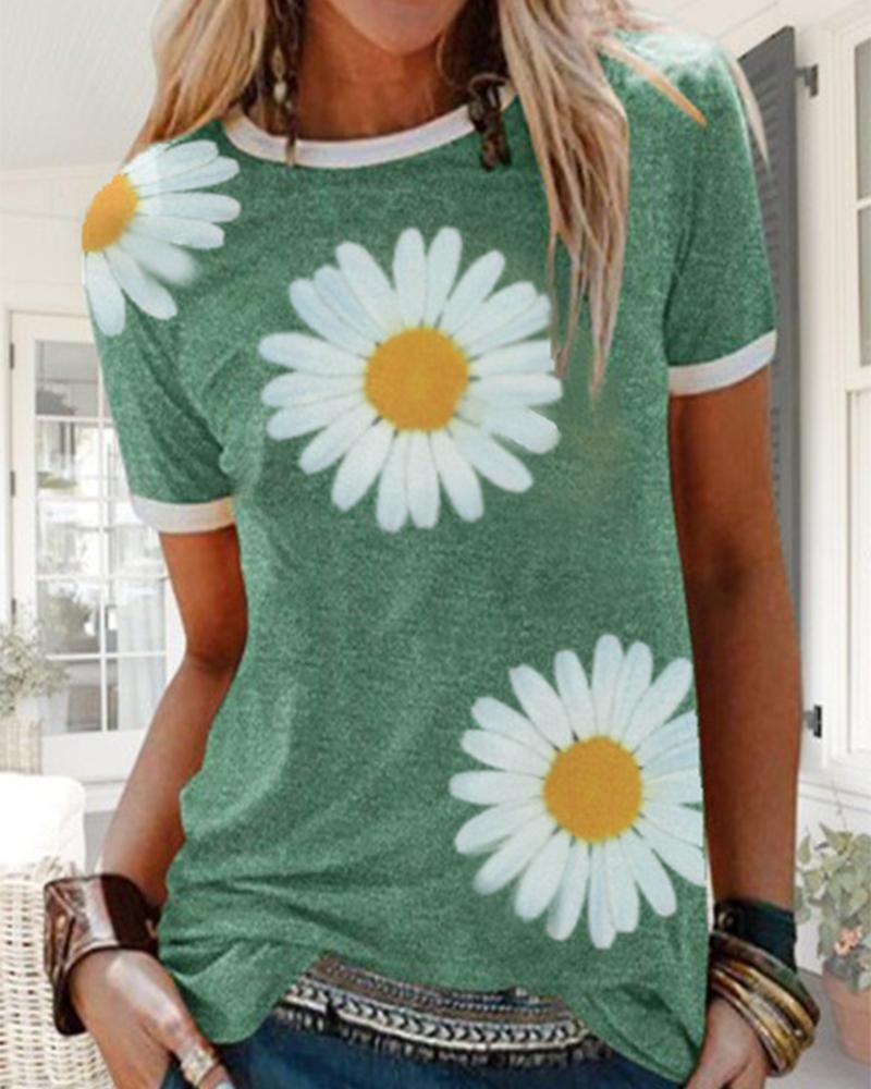 

Daisy Print Contrast Trim T-Shirt, Green