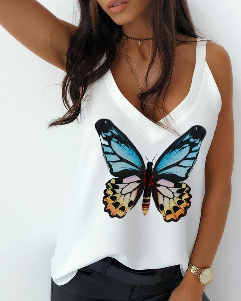 

Butterfly Print Thin Strap Casual Top, White
