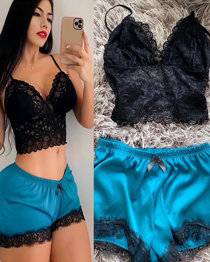 

Eyelash Lace Bowknot Detail Cami Set, Blue