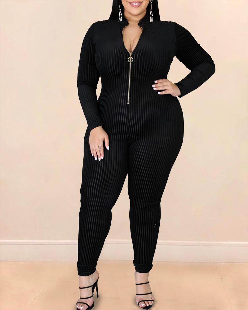 

Plus Size Striped Print Zipper Design Skinny Jumpsuit, Black