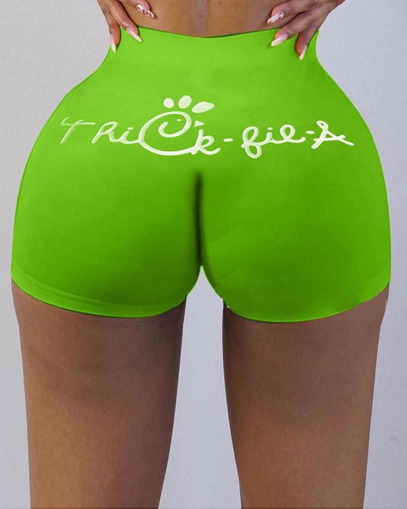 

Letter Cartoon Print High Waist Tummy Control Sporty Shorts, Green