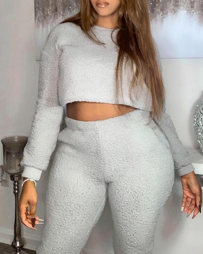 

Plain Long Sleeve Teddy Top & Pants Set, Gray