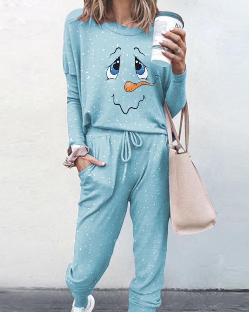 

Christmas Cartoon Print Top & Drawstring Pants Set, Blue