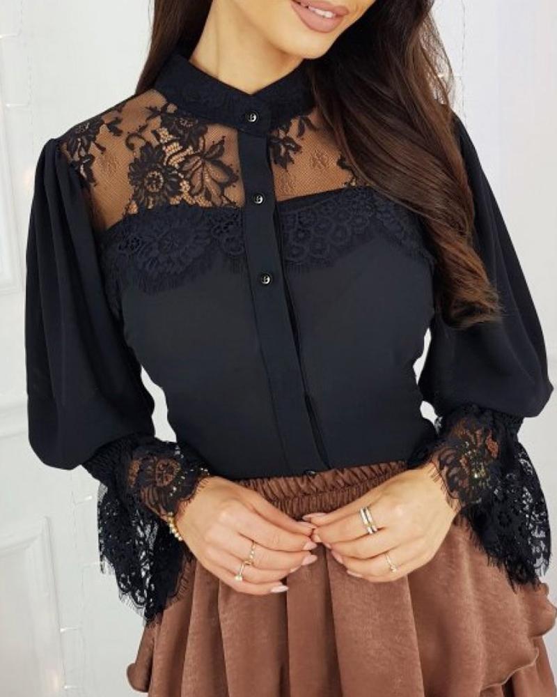 

Mesh Lace Insert Lantern Sleeve Blouse, Black