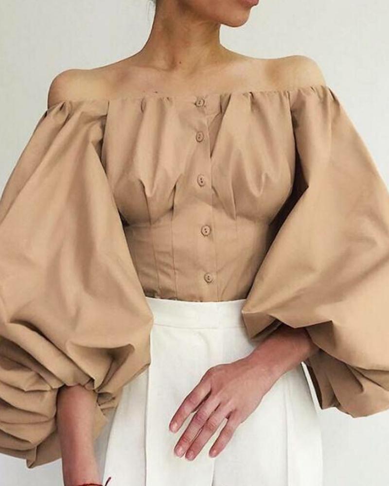 

Solid Puff Sleeve Button-up Skinny Women Blouse, Khaki