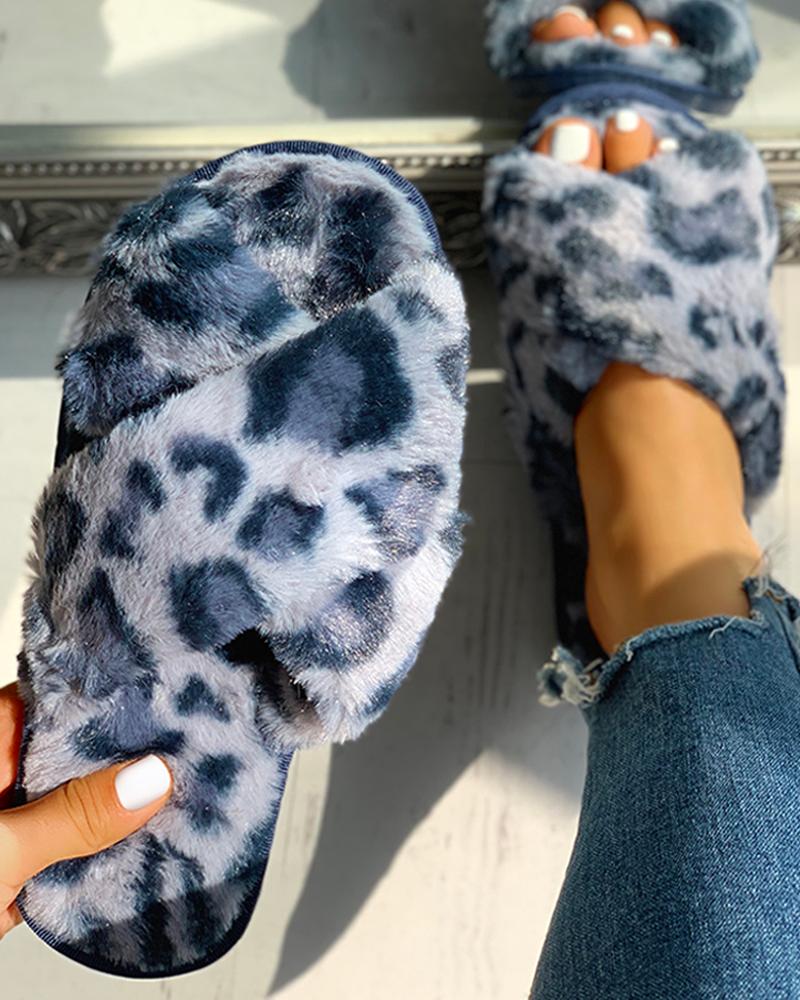 

Fluffy Leopard Crisscross Flat Slippers, Blue