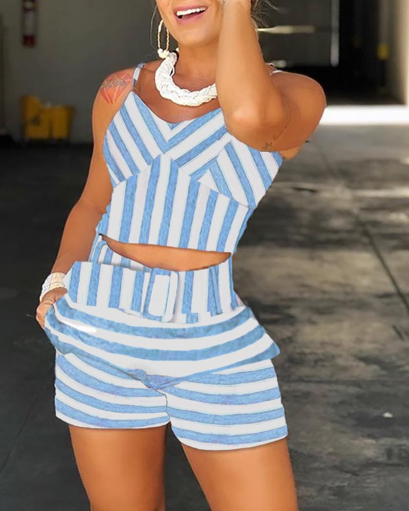 

Spaghetti Strap Striped Top & Short Sets, Light blue