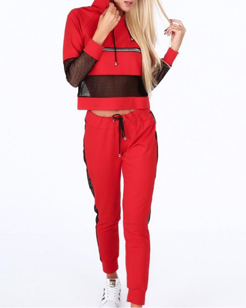 

Striped Colorblock Fishnet Hooded Women Top & Pants Set, Red