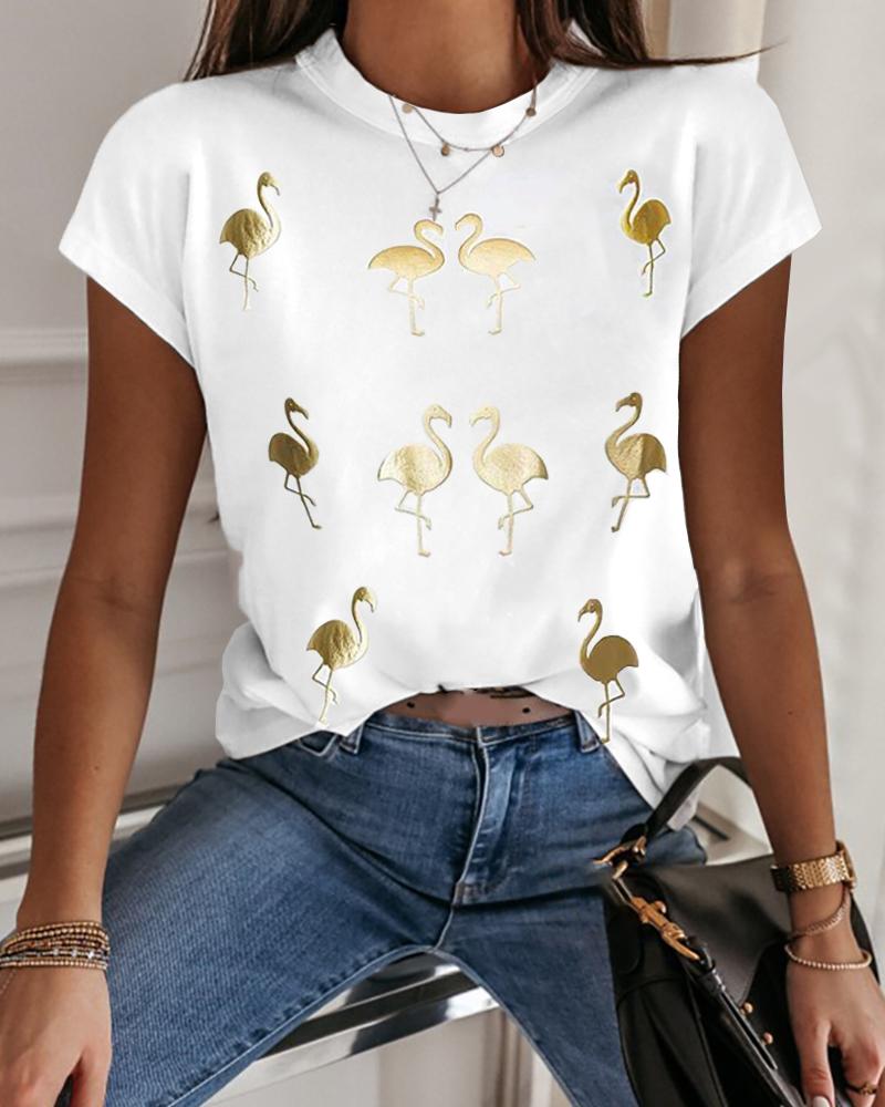 

Sequin Flamingo Pattern Short Sleeve T-Shirt, White