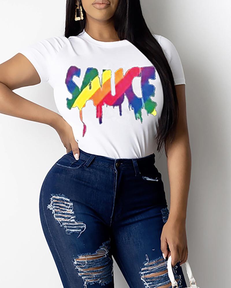 

Letter Print Short Sleeve Casual T-shirt, White