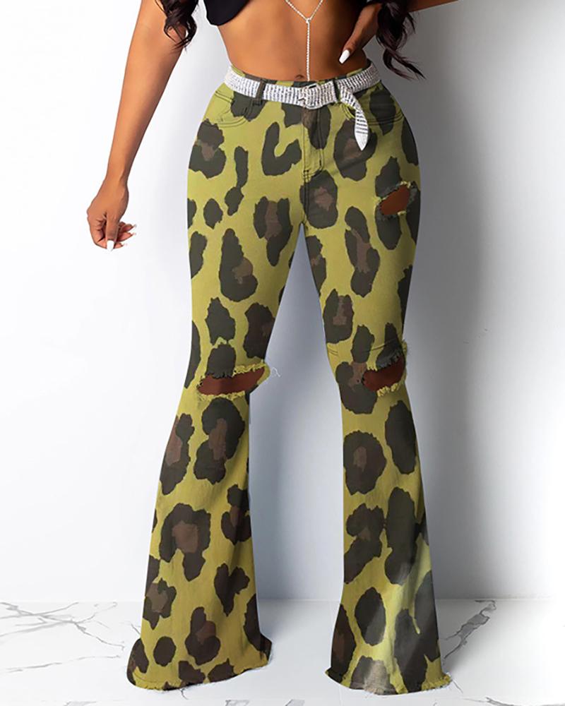 

Camouflage Distressed Bell Bottom Pants, Yellow