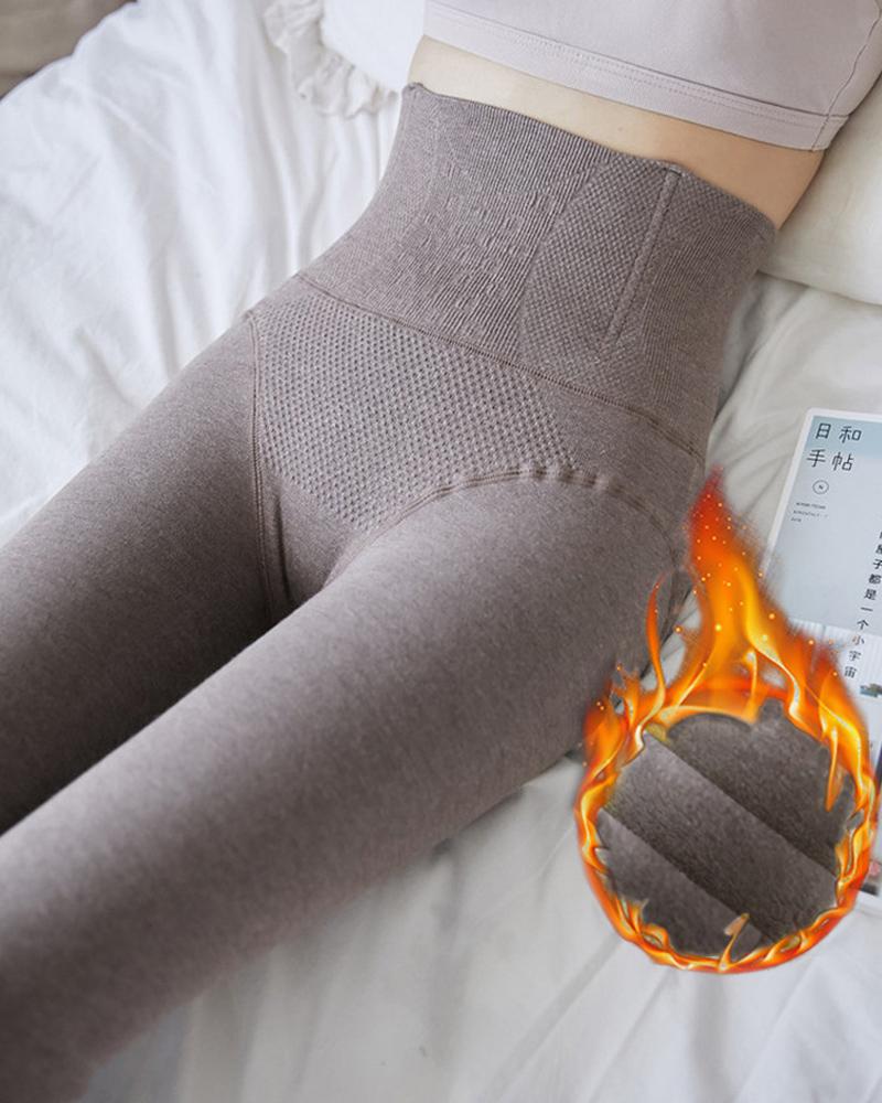 

Plain High Waist Lined Tights, Gray
